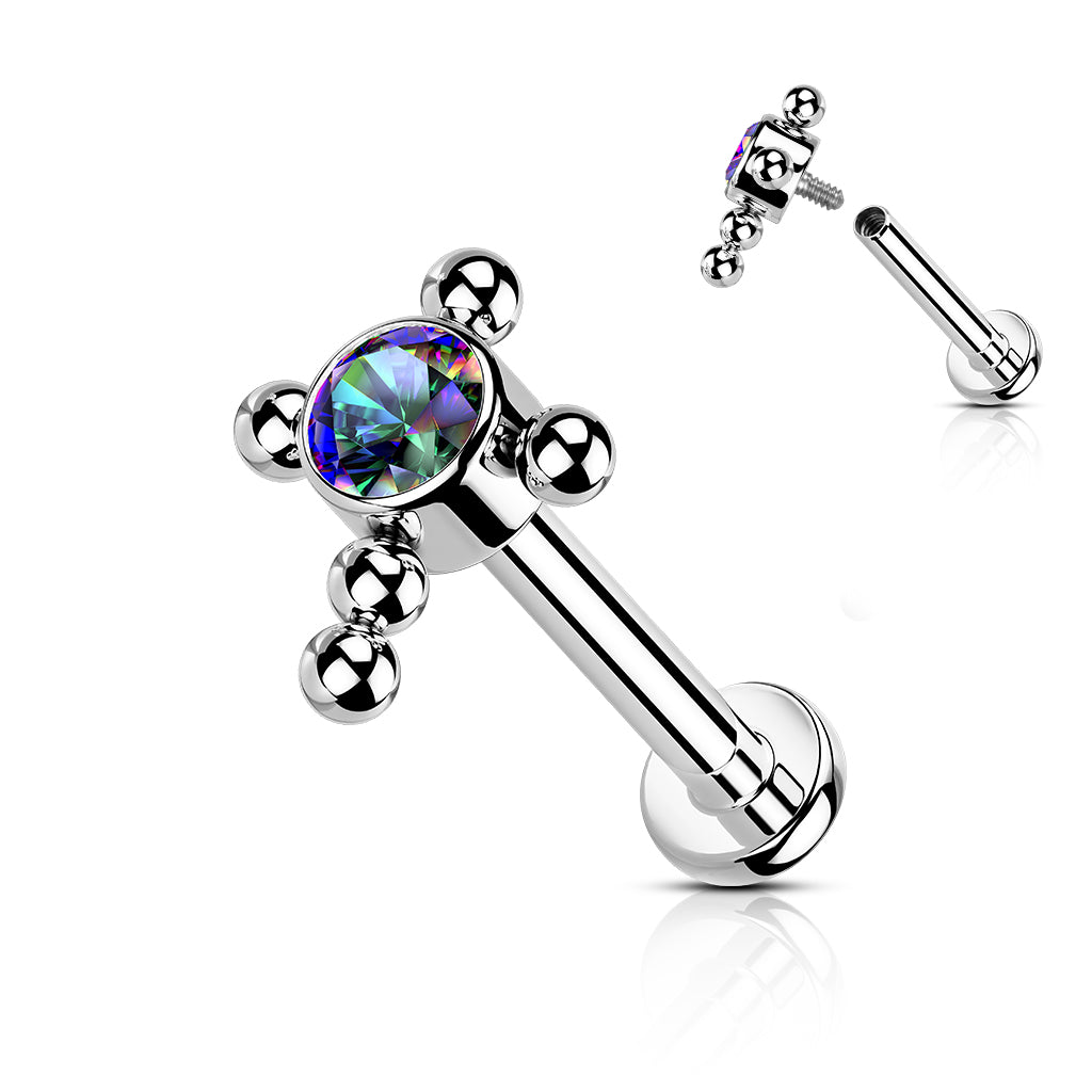 Titanium Bezel Set CZ Beaded Ball Cross Top Labret Ear Cartilage Tragu