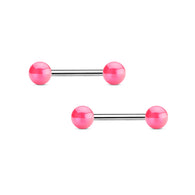 Pair Of Pink Metallic Coated Acrylic Ball Nipple Barbell Tongue Rings
