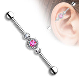 Three CZ Centered Multi Paved Circle Surgical Steel Industrial Barbell
