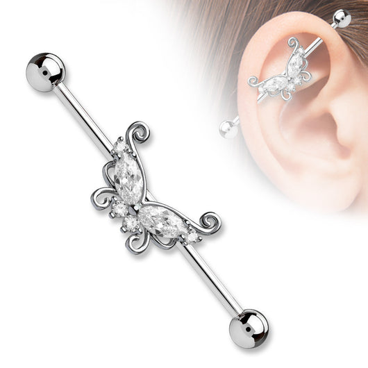 Marquise and Round CZ Butterfly Surgical Steel Industrial Barbells