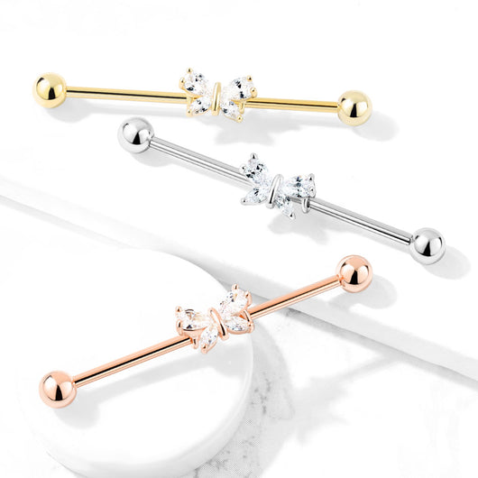 Gold Plated Marquise CZ Paved Butterfly Industrial Barbells