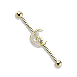 Gold Plated CZ Paved Moon With CZ Center Star Industrial Barbells