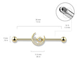 14K Gold Plated CZ Paved Moon With CZ Center Star Industrial Barbells