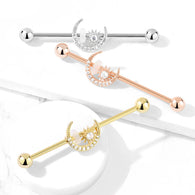 Gold Plated CZ Paved Moon With CZ Center Star Industrial Barbells