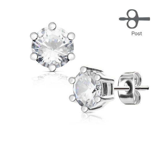 Pair of 6 Prong Set CZ 316L Surgical Steel Stud Earring