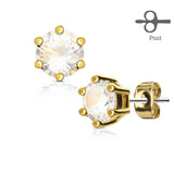 Pair of 6 Prong Set CZ 316L Surgical Steel Stud Earring