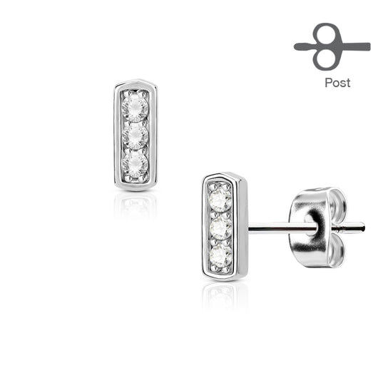 Pair of Three CZ Set Square Bar 316L Surgical Steel Stud Earring