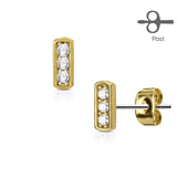 Pair of Three CZ Set Square Bar 316L Surgical Steel Stud Earring