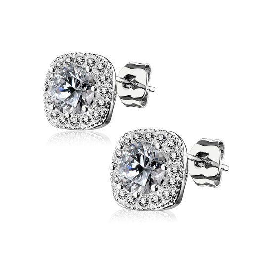 Pair of Large Round CZ Paved Square Earring Studs