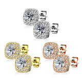 Pair of Large Round CZ Paved Square Earring Studs