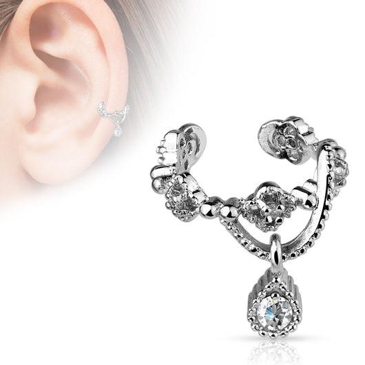 Chain With Chain CZ Dangle Rhodium Non Piercing Earring Cuff Tragus