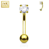 14K Solid Gold Round CZ Curve Barbell Eyebrow Ring
