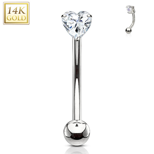 14K Solid Gold Heart CZ Curve Barbell Eyebrow Ring