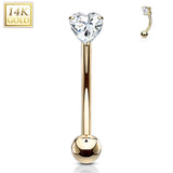 14K Solid Gold Heart CZ Curve Barbell Eyebrow Ring
