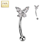 14K Solid Gold CZ or Opal Butterfly Curved Eyebrow Ring