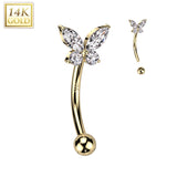 14K Solid Gold CZ or Opal Butterfly Curved Eyebrow Ring