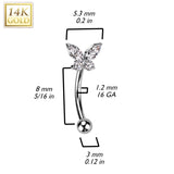 14K Solid Gold CZ or Opal Butterfly Curved Eyebrow Ring