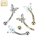 14K Solid Gold CZ or Opal Butterfly Curved Eyebrow Ring