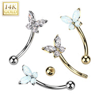 14K Solid Gold CZ or Opal Butterfly Curved Eyebrow Ring