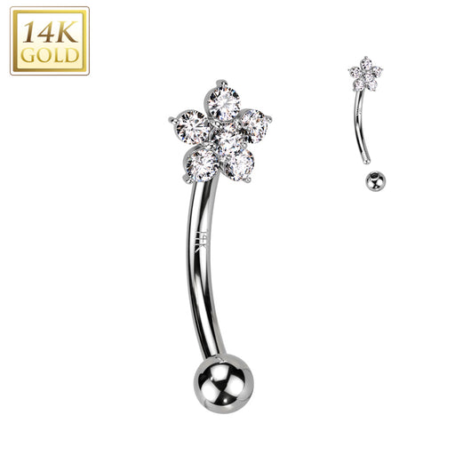 14K Solid Gold CZ Flower Curved Eyebrow Ring