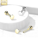 14K Solid Gold Cartilage Flat Round Top Threadless Push-In Barbell