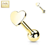 14K Solid Gold Cartilage Flat Heart Top Threadless Push-In Barbell