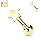 14K Solid Gold Flat Star Top Threadless Push-In Barbell Cartilage