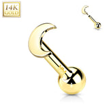 14K Solid Gold Cartilage Flat Moon Top Threadless Push-In Barbell