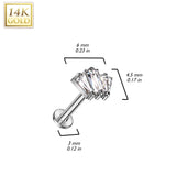 14K Solid Gold Threadless Labret With 3 CZ Fan Top