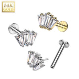 14K Solid Gold Threadless Labret With 3 CZ Fan Top