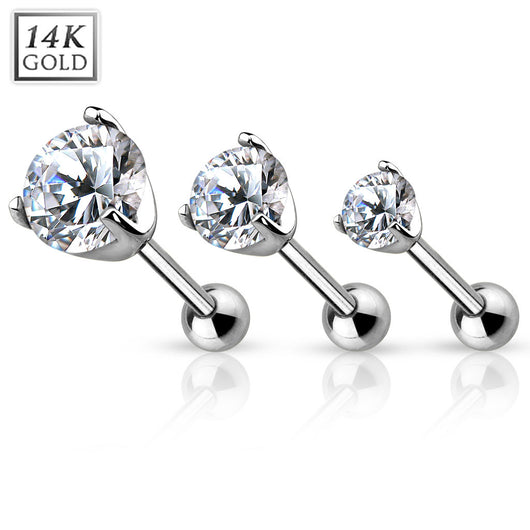 14Kt White Solid Gold Cartilage Tragus Barbell with Prong Set CZ Top