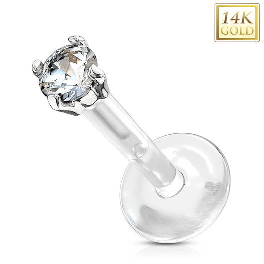 14K Solid Gold CZ Prong PTFE Flex Shaft Labret Monroe Cartilage