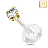 14K Solid Gold CZ Prong PTFE Flex Shaft Labret Monroe Cartilage