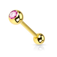 Pink CZ Gold Plated on Surgical Steel Barbell Tongue Ring