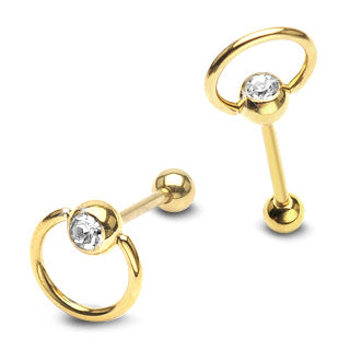 Slave Ring Top with CZ Gold IP on Surgical Steel Barbell Tongue Ring