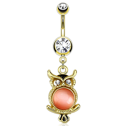 Cat's Eye Gemmed Owl Dangle 14kt Gold Plated Navel Belly Button Ring