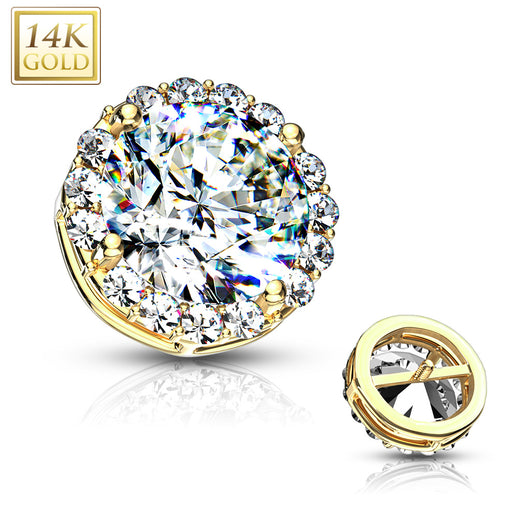 14K Solid Gold 8mm CZ Paved Around Large CZ Center Dermal Anchor Top