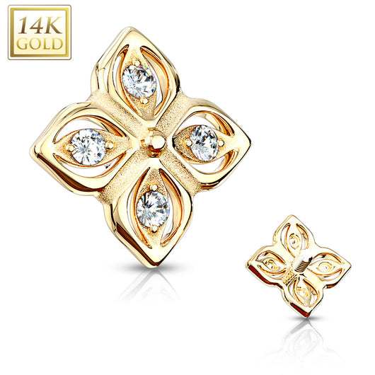 14K Solid Gold 4 CZ Paved Petal Flower 5mm Dermal Anchor Top