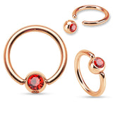 Rose Gold IP Over 316L Surgical Steel CZ Set Ball Captive Bead Ring