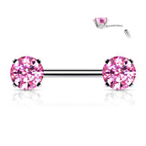 Pair Prong Set CZ  Surgical Steel Threadless Push in Nipple Barbells