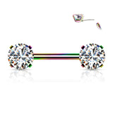 Pair Prong Set CZ  Surgical Steel Threadless Push in Nipple Barbells