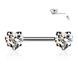 Pair Prong Set Heart CZ  Surgical Steel Threadless Push in Nipple Barbells