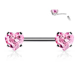 Pair Prong Set Heart CZ  Surgical Steel Threadless Push in Nipple Barbells