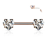 Pair Prong Set Heart CZ  Surgical Steel Threadless Push in Nipple Barbells