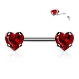 Pair Prong Set Heart CZ  Surgical Steel Threadless Push in Nipple Barbells