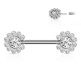 Pair 11 CZ Flower Cluster Threadless Push in Nipple Barbells