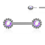 Pair Beaded Ball Edge CZ Center Threadless Push in Nipple Barbells
