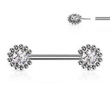 Pair Beaded Ball Edge CZ Center Threadless Push in Nipple Barbells