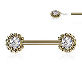 Pair Beaded Ball Edge CZ Center Threadless Push in Nipple Barbells
