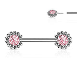 Pair Beaded Ball Edge CZ Center Threadless Push in Nipple Barbells